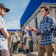 Watts and Holland on the Venice set at Leavesden for Far From Home.